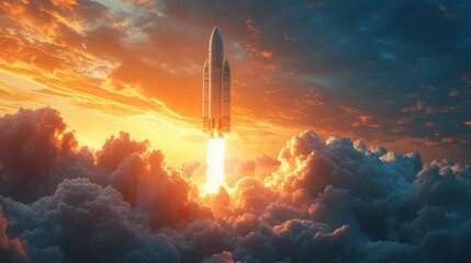 Fototapeta premium Stunning White Rocket Launching Against a Bright Blue Sky, Perfect for Illustrating Space Exploration or Technology Innovations
