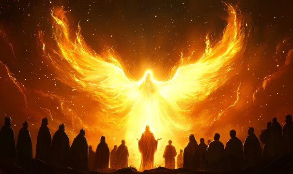 Pentecost Sunday: The Holy Spirit Comes as Tongues of Fire. Digital illustration of the Holy Spirit descending on the believers. Rear view, Generative AI