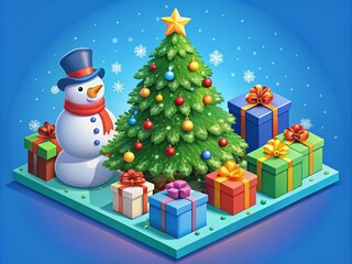 Isometric Christmas and New Year Celebration with Tree, Gifts, and Snowman for Infographics and Illustrations