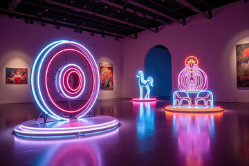 Fototapeta premium Neon lights sculptures glowing in dark exhibition hall