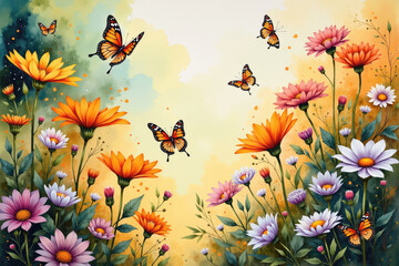 Fototapeta premium Monarch butterflies flying over colorful flowers in spring garden
