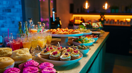 Fototapeta premium A welcoming buffet featuring a selection of snacks, sandwiches, cupcakes, and a variety of alcoholic beverages.