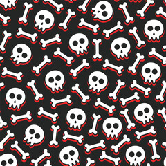 seamless pattern of white skulls and bones with red shadows on an orange background