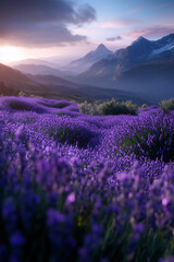 Lavender field glows beneath misty mountains, symbolizing serenity, peace, and nature.
