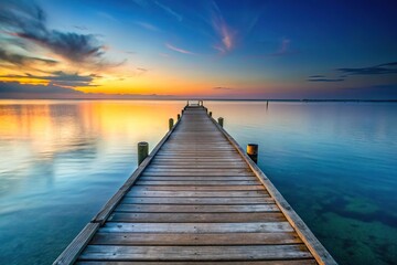 Naklejka premium Low angle view of serene moments on weathered wooden pier overlooking calm ocean waters at dusk