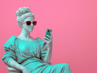 Ancient female statue wearing sunglasses, using a cell phone. Social media retrofuturism background