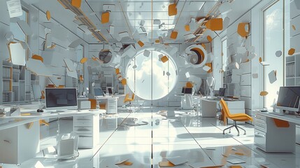 An open plan office in zero gravity conditions, with all of the desk, chairs and office paraphernalia floating in the air.