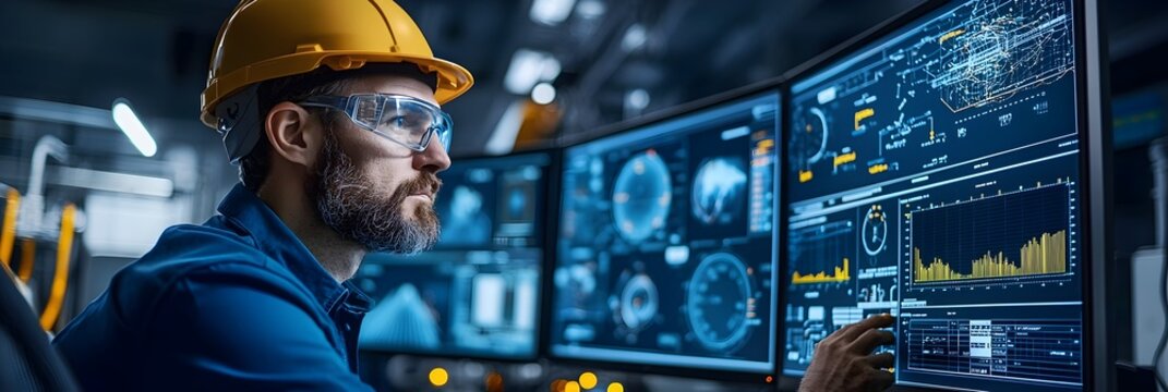Futuristic industrial control room with multiple large monitors displaying advanced system dashboards and analytics
