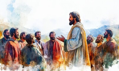 Jesus preaching in Galilee and gathering his disciples. Life of Jesus. Digital illustration. Watercolor style, Generative AI