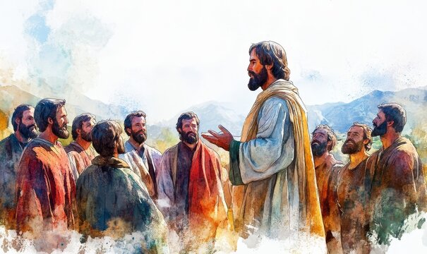 Jesus preaching in Galilee and gathering his disciples. Life of Jesus. Digital illustration. Watercolor style, Generative AI