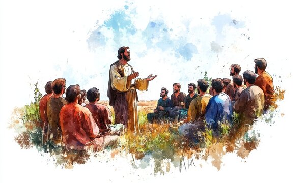 Jesus preaching in Galilee and gathering his disciples. Life of Jesus. Digital illustration. Watercolor style, Generative AI