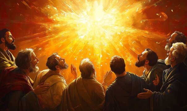 Pentecost. The descent of the Holy Spirit on the followers. People in front of a burning fire with white dove above them. Digital painting, Generative AI