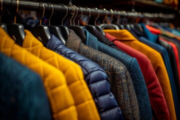 Obraz premium close up shot of clothes hanging in a clothing store, different styles of clothes, men's women's sections, realistic