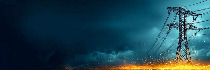 High voltage power transmission lines stretching across a dramatic cloudy sky providing electricity distribution through the industrial landscape