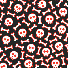 seamless pattern of skulls and bones with red outline shadows on black background