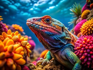 Obraz premium Lizard Among Coral: A Vibrant Underwater Fashion Photography Scene