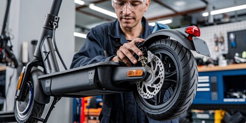 A mechanic in a workshop meticulously performs routine maintenance on a modern electric scooter. He is checking the brakes and electrical systems ensuring it's in top working condition.