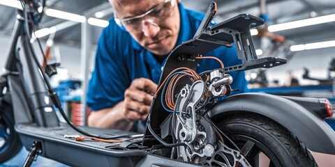 A mechanic in a workshop meticulously performs routine maintenance on a modern electric scooter. He is checking the brakes and electrical systems ensuring it's in top working condition.
