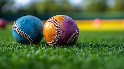 Two colorful baseballs sit on a green field, one blue and one orange with a red splatter, with other baseballs blurred in the background.