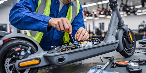 A mechanic in a workshop meticulously performs routine maintenance on a modern electric scooter. He is checking the brakes and electrical systems ensuring it's in top working condition.
