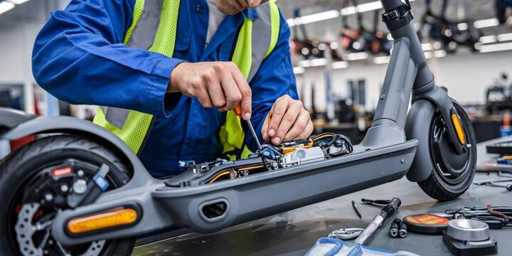 A mechanic in a workshop meticulously performs routine maintenance on a modern electric scooter. He is checking the brakes and electrical systems ensuring it's in top working condition.