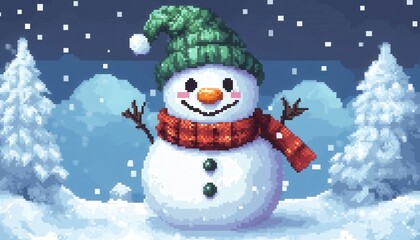 Fototapeta premium A cheerful snowman with a green hat and red scarf stands in a snowy landscape, surrounded by pine trees and falling snowflakes.
