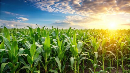 Lush corn field under bright sun