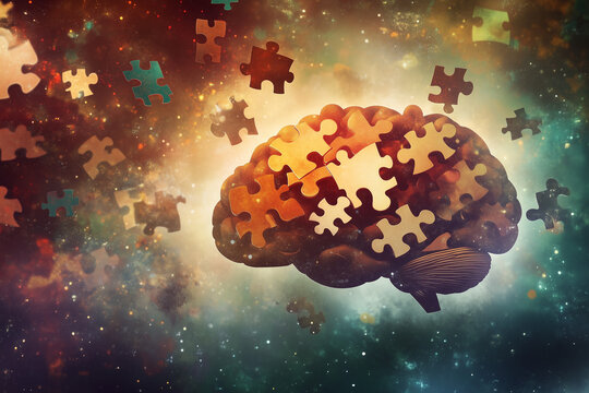 Human brain with fading puzzle pieces, symbolizing memory loss and cognitive decline in Alzheimer's disease. Soft clinical lighting. 