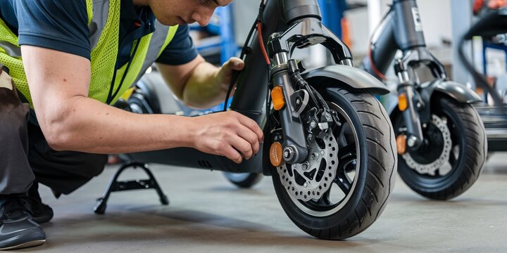 A mechanic in a workshop meticulously performs routine maintenance on a modern electric scooter. He is checking the brakes and electrical systems ensuring it's in top working condition.