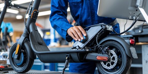 A mechanic in a workshop meticulously performs routine maintenance on a modern electric scooter. He is checking the brakes and electrical systems ensuring it's in top working condition.