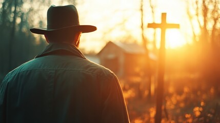 Silhouette of man in hat, facing a cross at sunset. Peaceful rural scene.