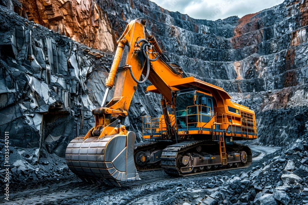 Poster close-up of large excavators or wheel loaders moving extracted material in an open-pit mine
