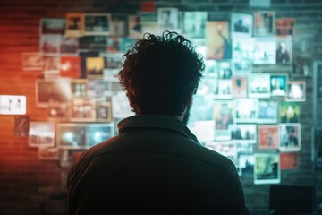 Shadows of Inquiry: A detective studies a wall of clues in a dimly lit room.