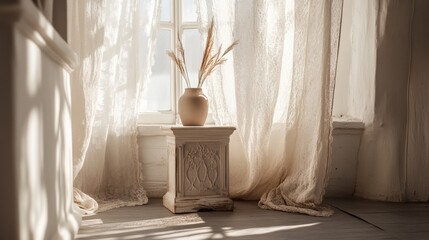 An empty scene featuring blank mockup template (set in front of a window with daylight streaming through lace curtains, casting soft shadows on a small altar), 