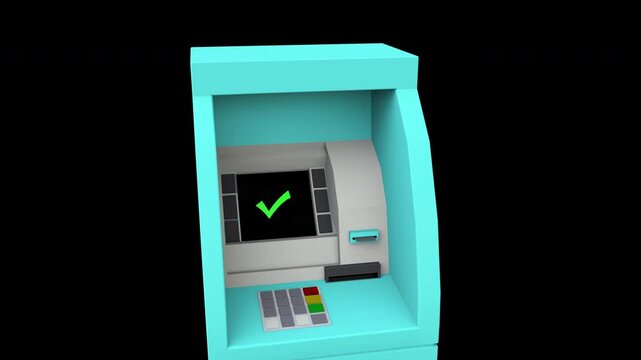 3d render atm booth machine cash withdrawal animation rendered with alpha channel transparent background