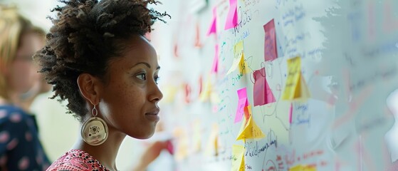 A woman with a ponytail looking at a white board with lots of sticky notes on it
