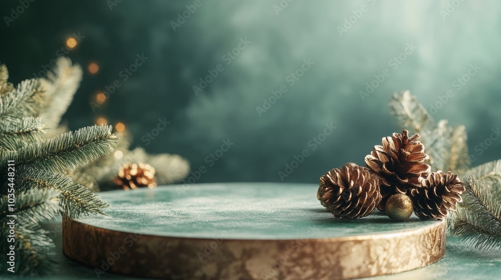 Poster A festive arrangement features pine cones and evergreen branches on a rustic wooden table, surrounded by soft, ambient light, creating a warm and inviting holiday atmosphere.