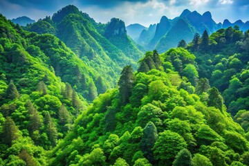 Fototapeta premium Lush green trees covering mountains under blue sky