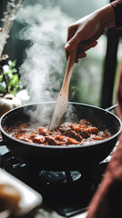 A hand stirs a pot of simmering meat in a rich sauce, steam rising in a cozy kitchen setting filled with warm light and greenery