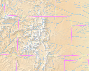 Map of the State Colorado (US) with relief representation, water bodies like seas, rivers, lakes and with borders. No labels at all.