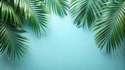 Fototapeta premium Lush palm leaves hanging on light blue wall