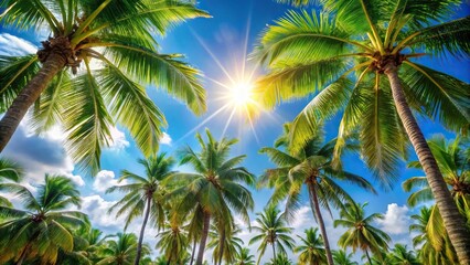 Fototapeta premium Lush palm trees against blue skies and sunshine in a tropical paradise macro
