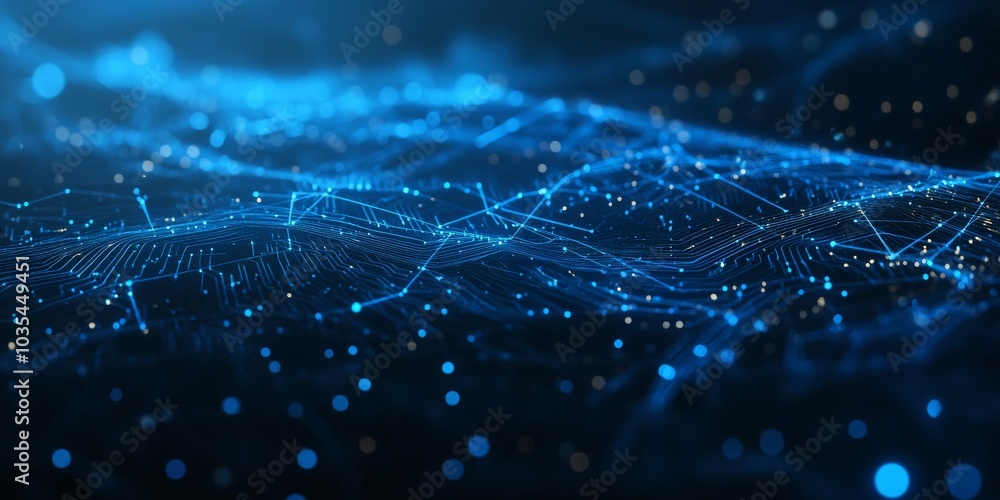 Poster a blue background banner with a futuristic design features a circuit board shape. lines connect to f