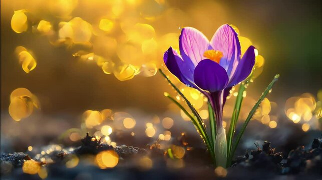 A vivid purple crocus flower captured in macro photography, enhanced by golden bokeh and morning dew, showcasing nature&rsquo;s awakening against a textured soil background.
