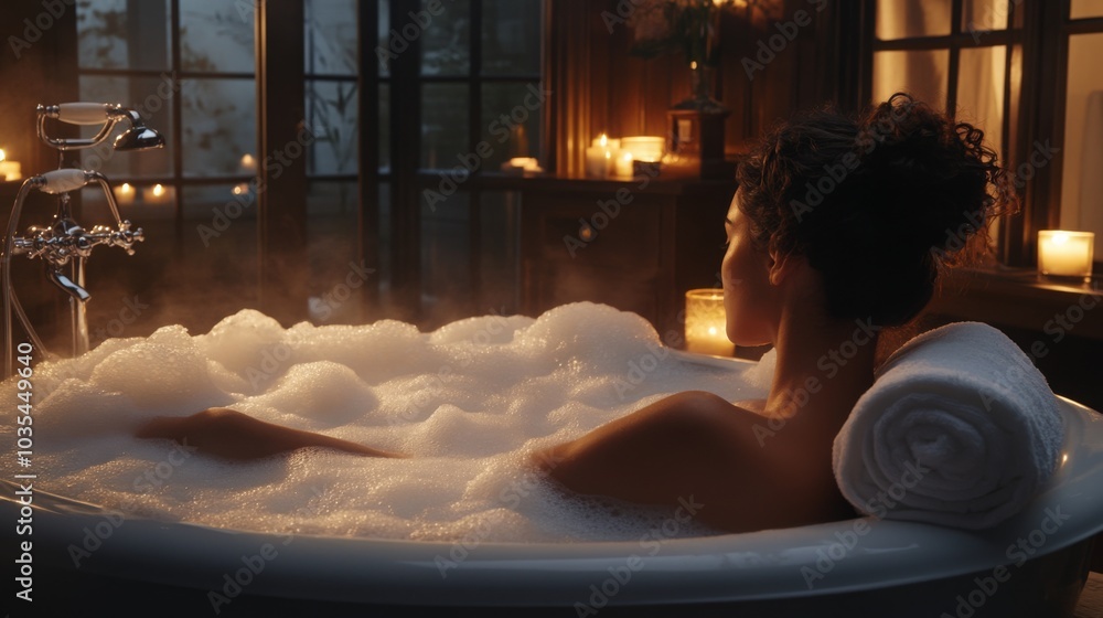 Aufkleber a person enjoys a soothing bubble bath while surrounded by flickering candles, creating a warm and i