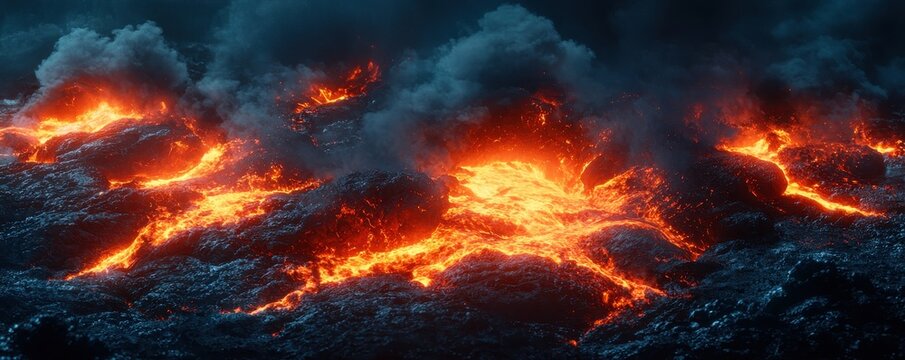 A breathtaking view of an active volcano with flowing lava and smoke, showcasing the raw power of nature. Ideal for ecological and geological themes.