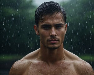 Fototapeta premium Handsome male model with green eyes standing in the rain, showcasing a captivating look and wet appearance during a stormy day.
