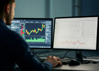 Fototapeta premium Stock exchange online business concept. business graphic, 3D illustration. Man analyzing stock market data on computer screen.