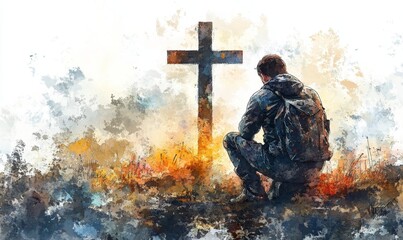Man kneeling and praying in front of the cross. Digital watercolor painting, Generative AI