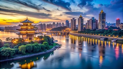 Fototapeta premium Low Light Photography of Xiangjiang River at Night in Zhuzhou, China - Scenic Views and Urban Reflections